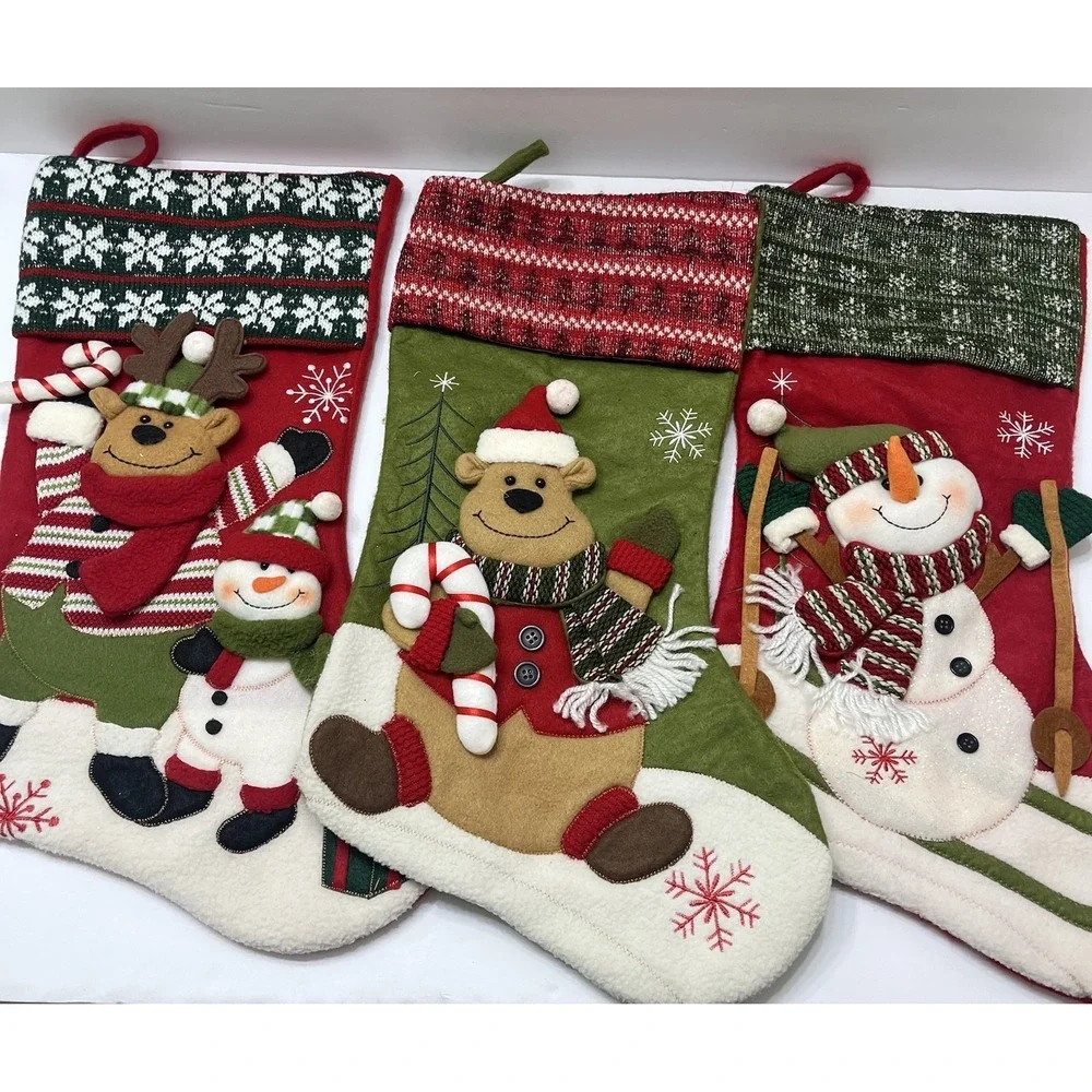 Christmas Stockings Set Of 3 Plush Reindeer Bear Snowman Knitted Embroidered 18